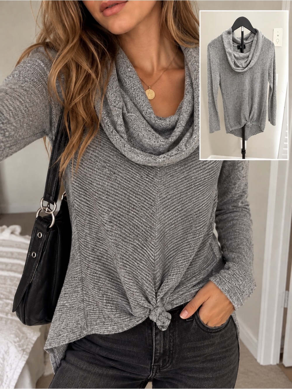 Iz Byer Gray Ribbed Cowl Neck Knit with Front Knot